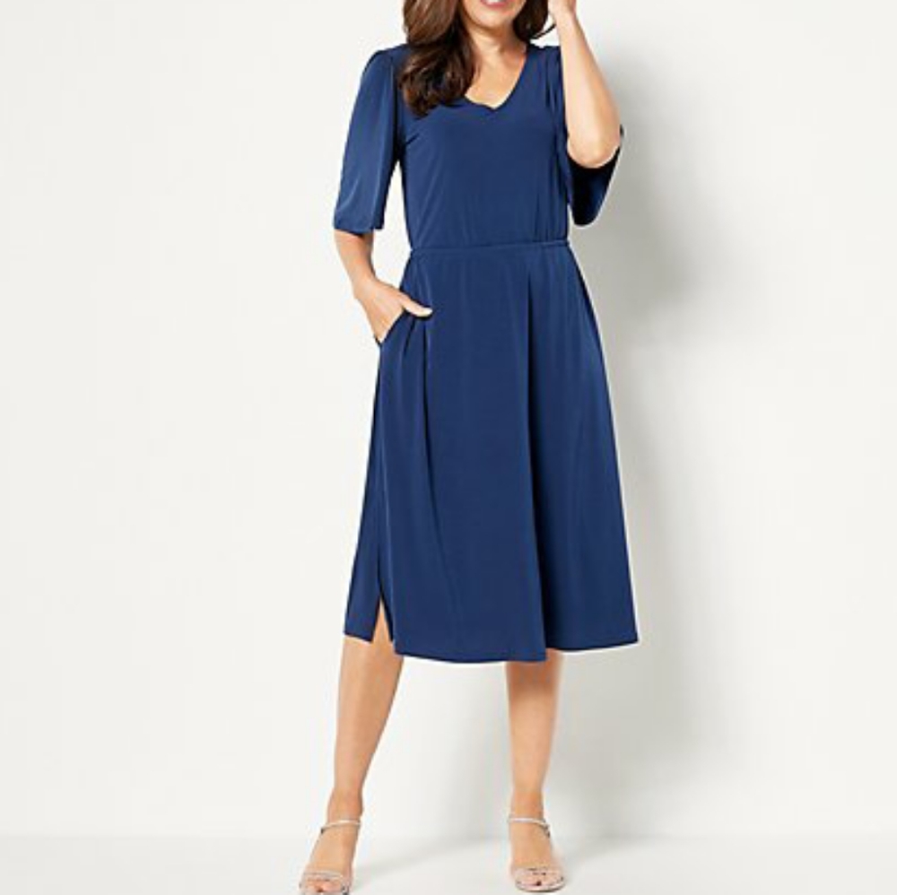Flowy Dress Dark Blue Dress Flutter Sleeves - Picture 1 of 11